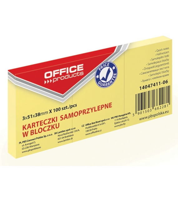 NOTES SAMOPRZYLEPNY 38X51 OFFICE ŻÓŁTY opak. 3 szt.
