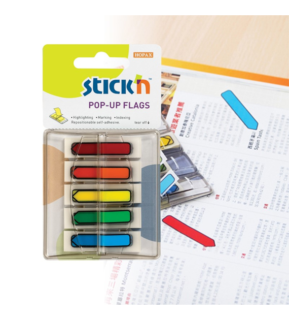 ZAKŁADKI INDEKSUJĄCE PLASTIKOWE 5 KOL. 45X12 STRZAŁKI PODAJNIK