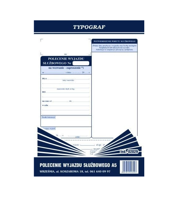 DELEGACJA POLECENIE WYJAZDU A-5 TYPOGRAF kpl. 5 bl.