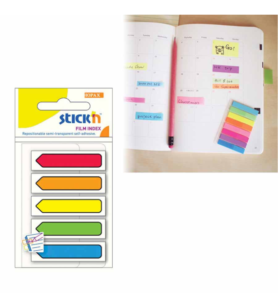 ZAKŁADKI INDEKSUJĄCE PLASTIKOWE 5 KOL. 45X12/25 STICK'N STRZAŁKI