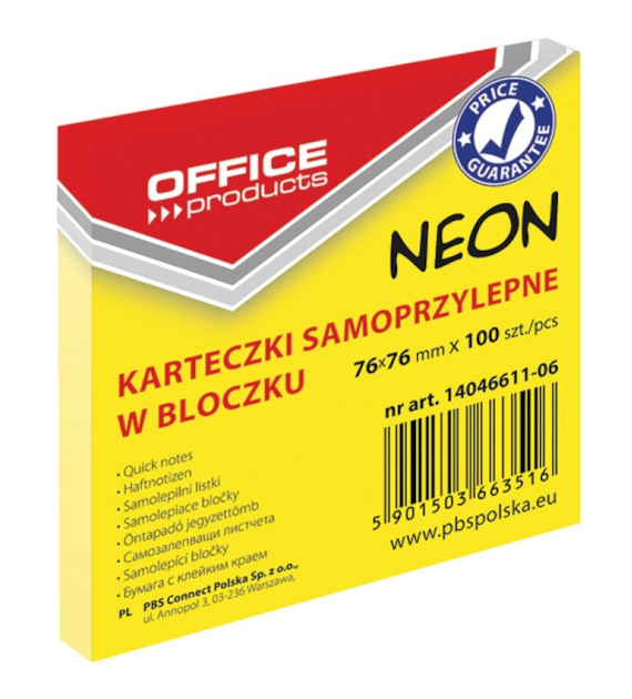 NOTES SAMOPRZYLEPNY 76X76 NEON ŻÓŁTY  opak. 12 szt.