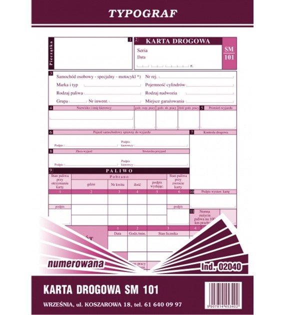 KARTA DROGOWA A-5 SM-101 NUMEROWANA