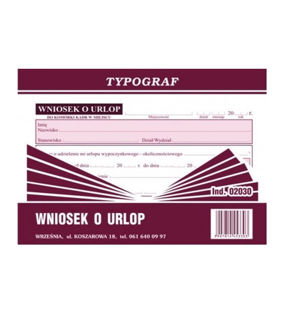 WNIOSEK O URLOP A-6 TYPOGRAF opak. 5 szt.