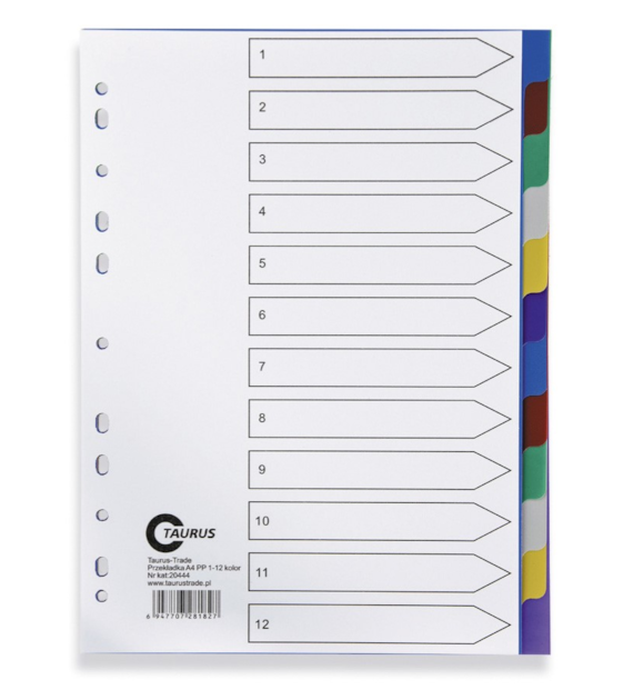 PRZEKŁADKI A-4/12 PLASTIKOWE KOLOROWE TAURUS