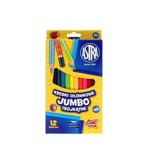 KREDKI OŁÓWKOWE 12 kolorów Astra Jumbo Trójkątne TEMPERÓWKA