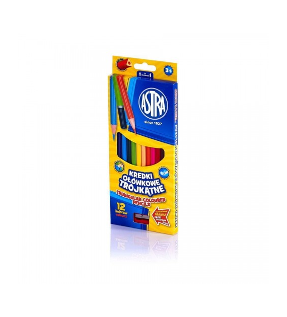 KREDKI OŁÓWKOWE 12 kolorów Astra Trójkątne TEMPERÓWKA