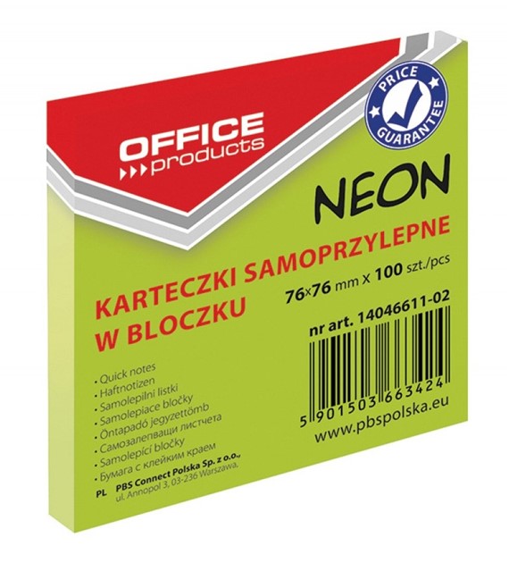 NOTES SAMOPRZYLEPNY 76X76 NEON ZIELONY opak. 12 szt.