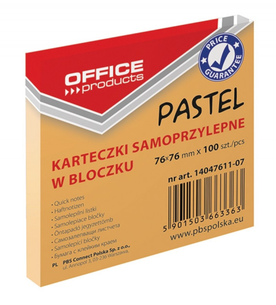 NOTES SAMOPRZYLEPNY 76X76 OFFICE POMARAŃCZ opak. 12 szt.