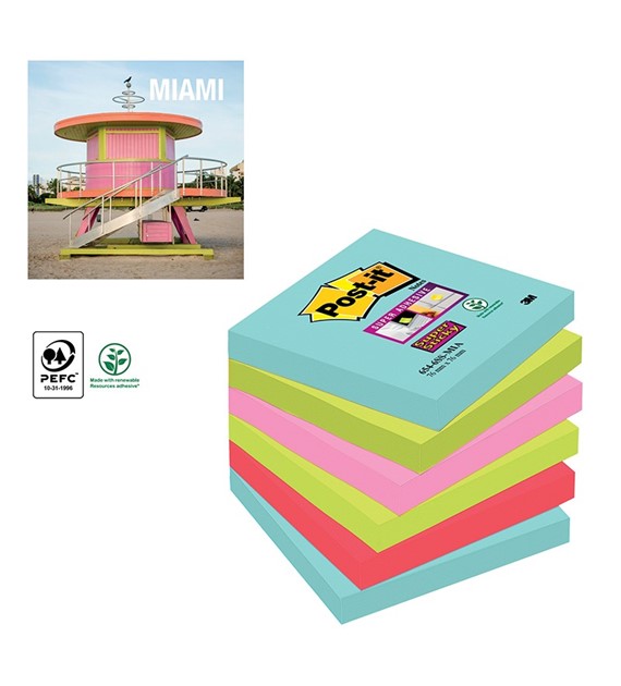 Karteczki samoprzylepne Post-it Super Sticky 76 x 76 mm, paleta Miami 90 kart opak 6 bloczków