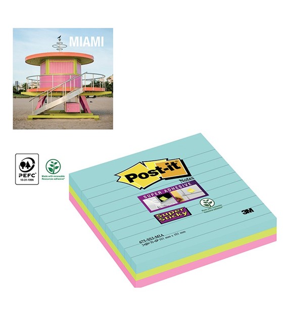 Karteczki samoprzylepne Post-it XL Miami 101 x 101 mm, mix kolorów, w linię, 3 bloczki po 70 karteczek