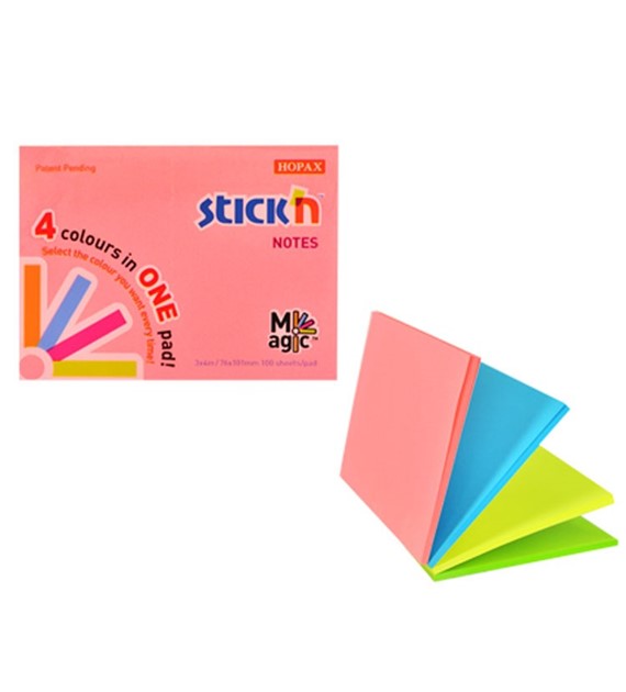 Karteczki samoprzylepne Stickn Magic Pad 76x101mm, neon mix, 100 karteczek